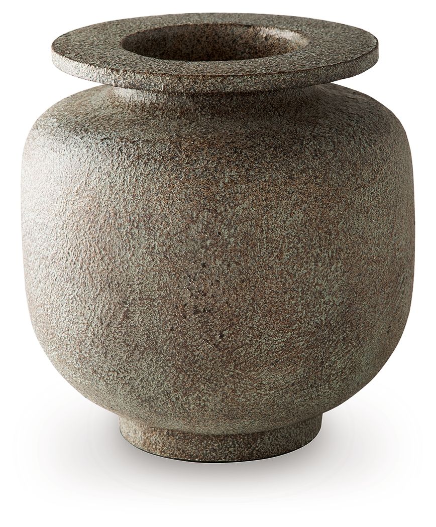 Gray speckled vase with round body and wide circular opening