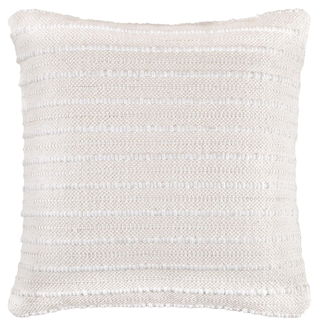 Theban pillow in beige woven textured fabric, square with subtle horizontal stripes