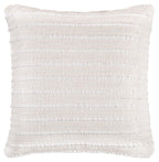 Theban pillow in beige woven textured fabric, square with subtle horizontal stripes