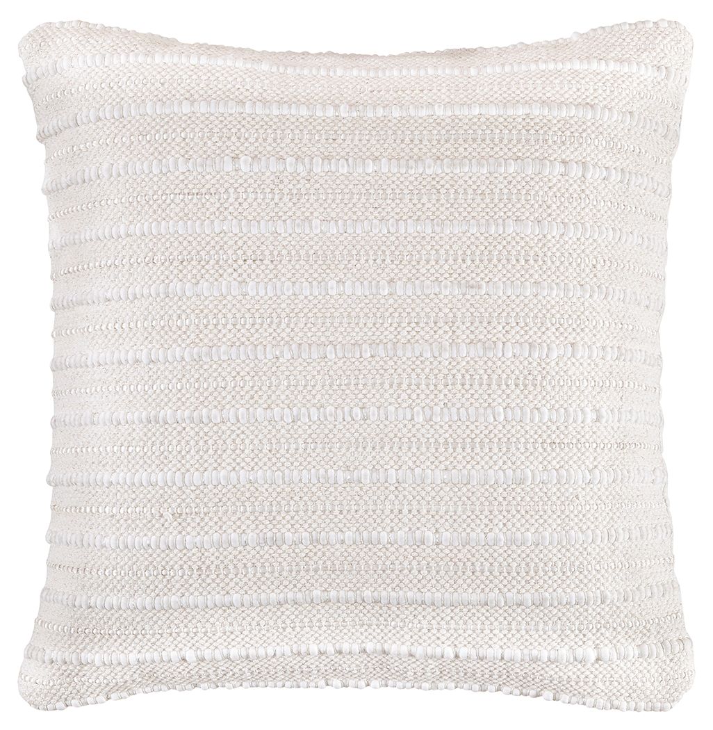 Theban pillow in beige woven textured fabric, square with subtle horizontal stripes