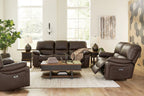 Dark brown reclining living room set with sofa and matching recliner chairs