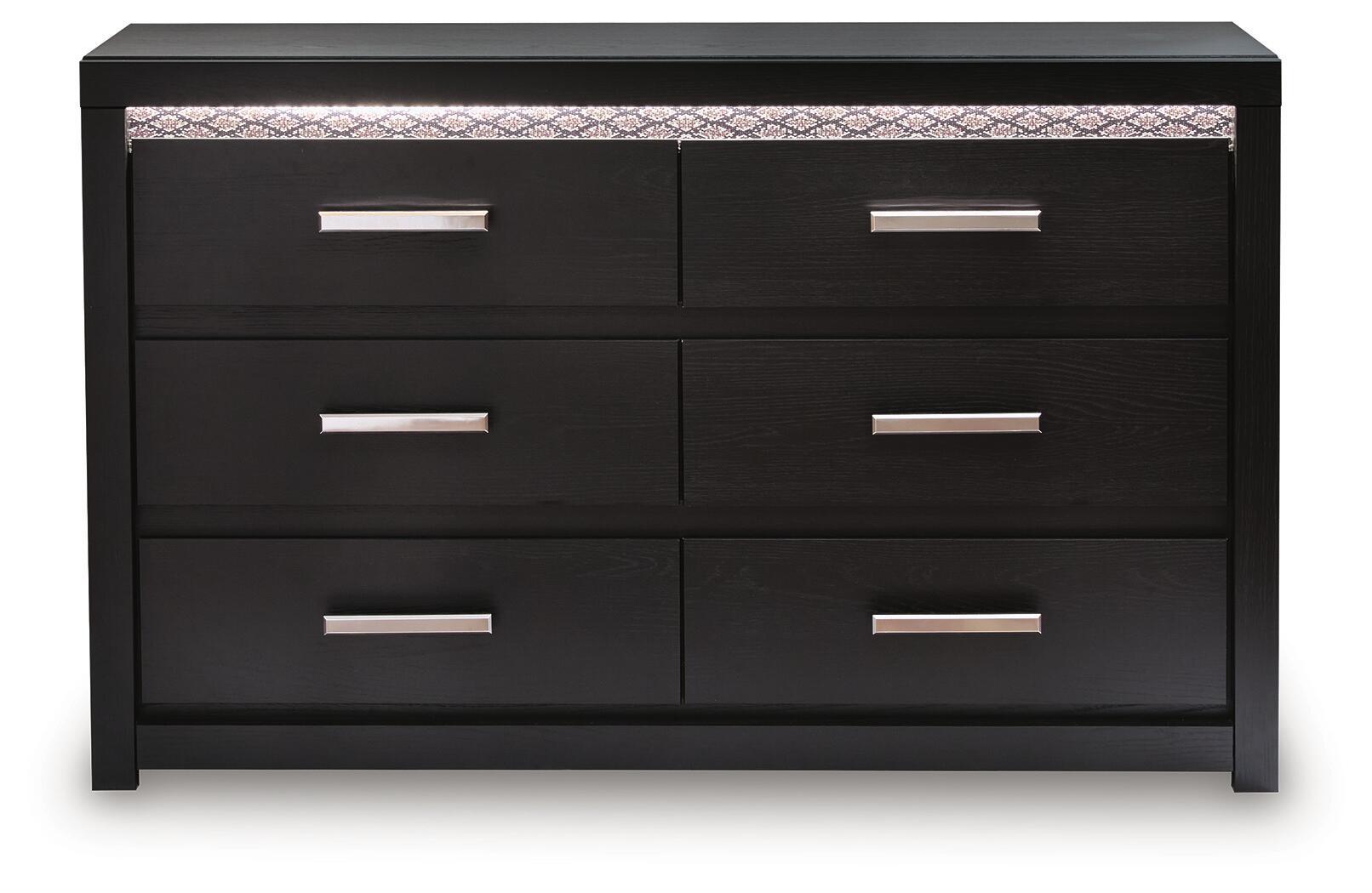 Black six-drawer dresser with six silver bar handles and a simple flat top
