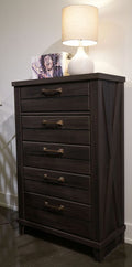 Dark brown wooden five-drawer chest with metal bar pulls and open top edge