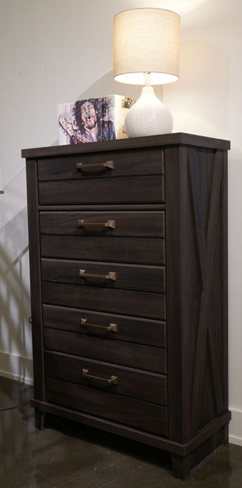 Dark brown wooden five-drawer chest with metal bar pulls and open top edge