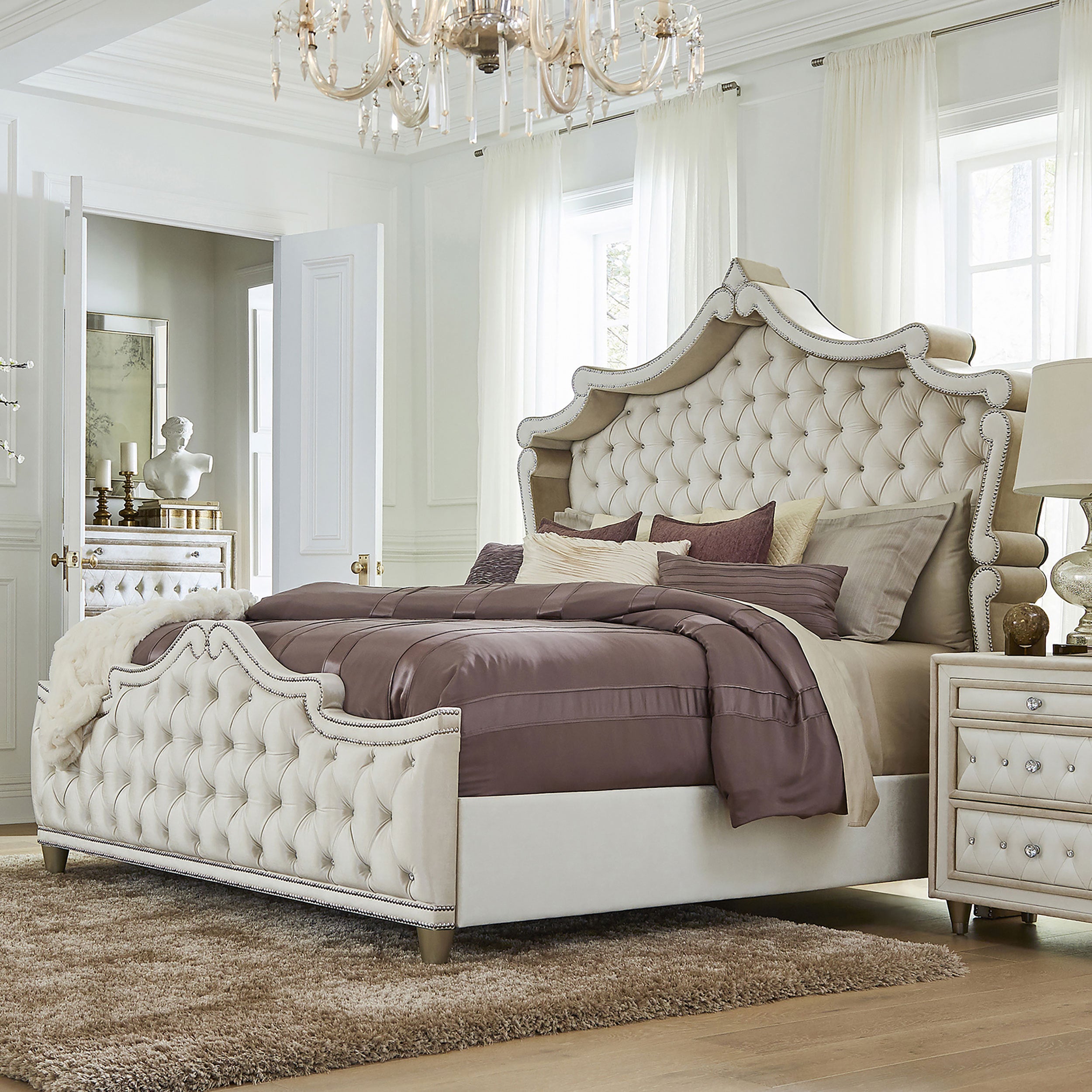 Justine Ivory & Camel Tufted Upholstered Eastern King Panel Bed