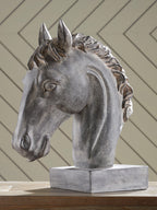 Horse bust sculpture in antique dark black with block base, 3/4 view