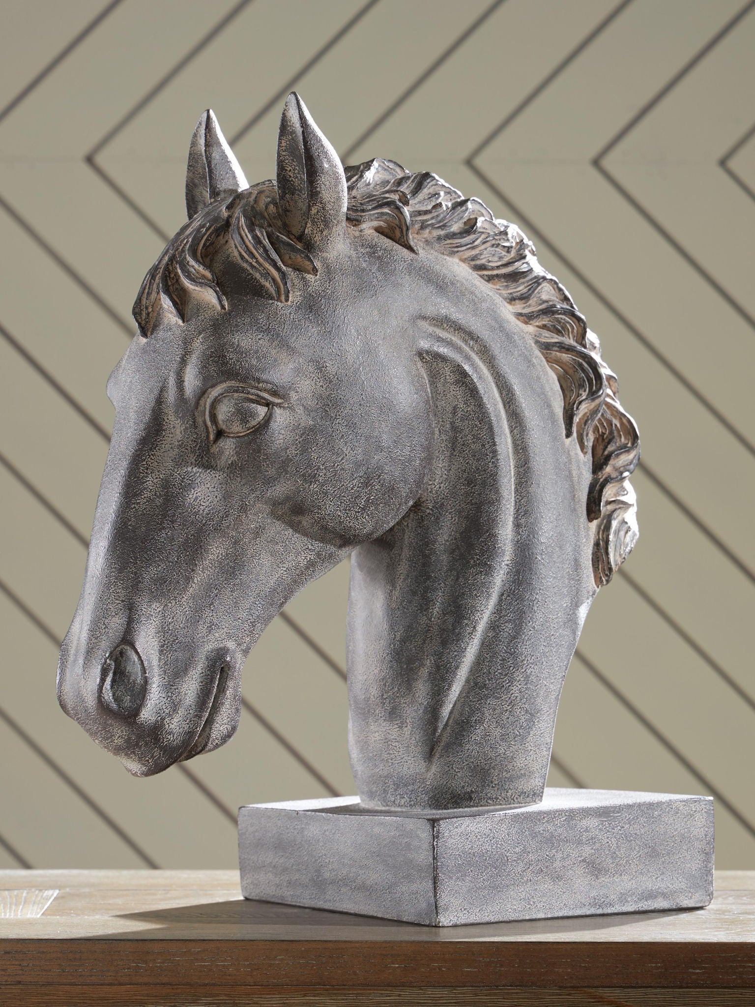 Horse bust sculpture in antique dark black with block base, 3/4 view