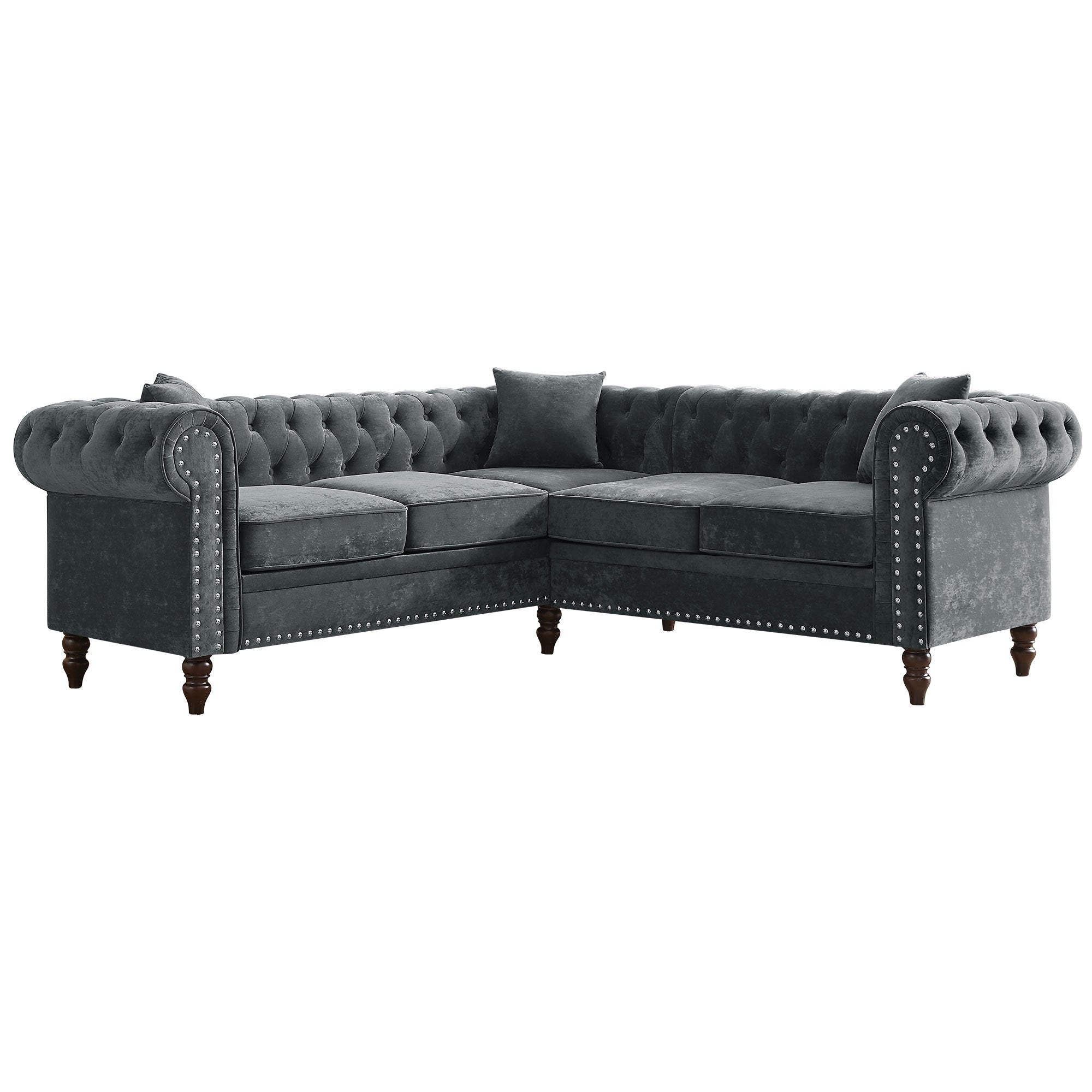 80" Deep Tufted Velvet Chesterfield Gray L-Shaped Sectional-American Furniture Outlet -American Furniture Outlet