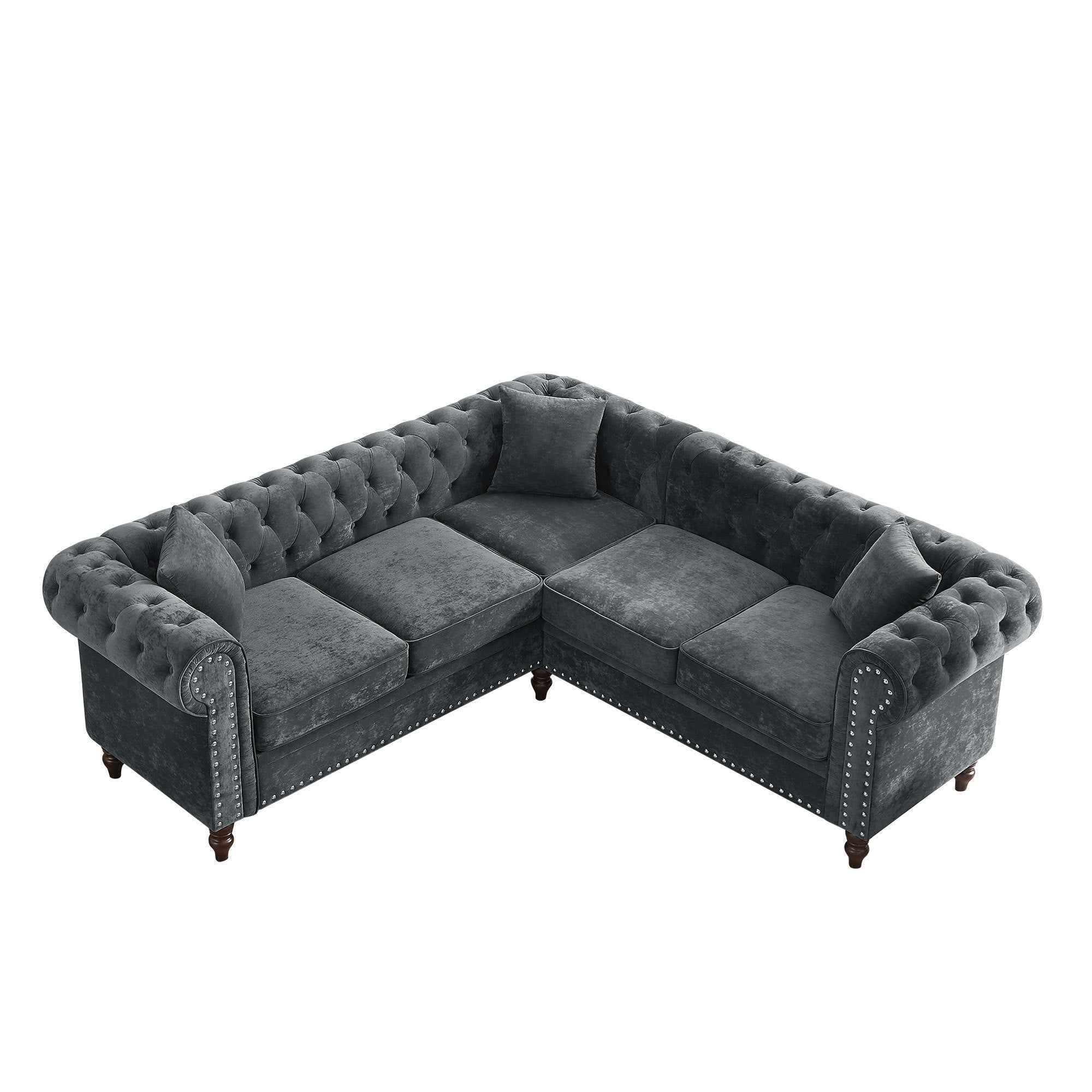 80" Deep Tufted Velvet Chesterfield Gray L-Shaped Sectional-Stationary Sectionals-American Furniture Outlet
