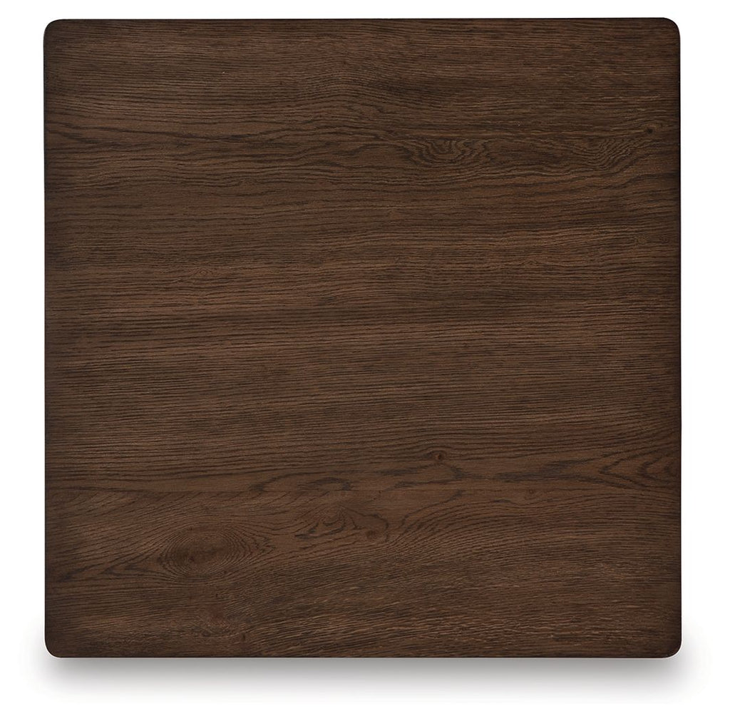 Warm brown square end table top with dark wood grain finish