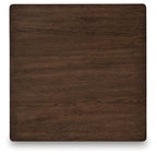 Warm brown square end table top with dark wood grain finish