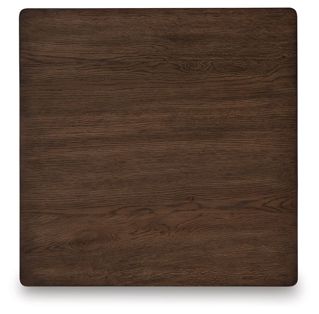 Warm brown square end table top with dark wood grain finish