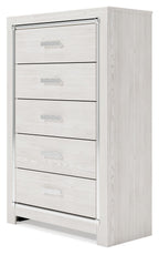White five-drawer chest with metal bars and textured drawer pulls, side view