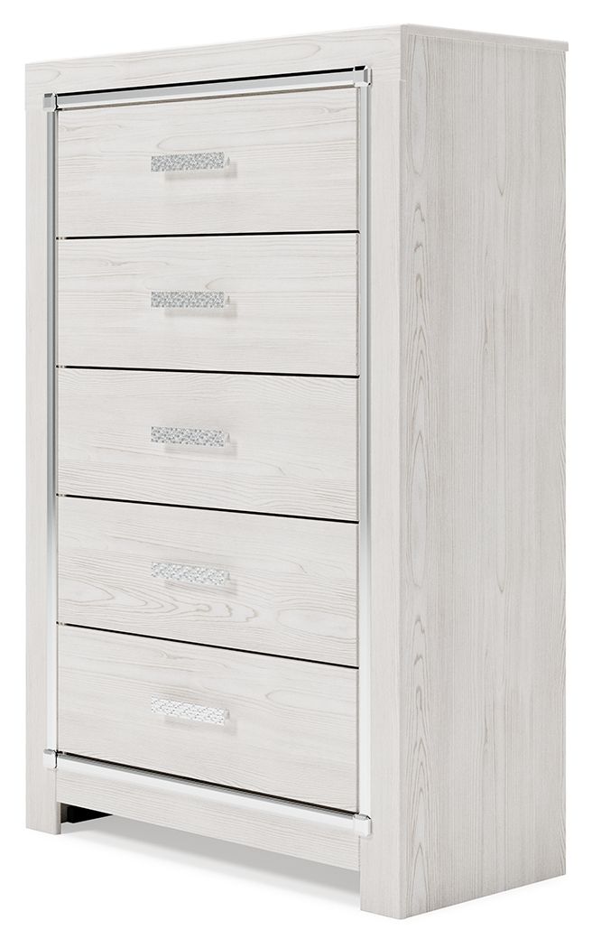 White five-drawer chest with metal bars and textured drawer pulls, side view