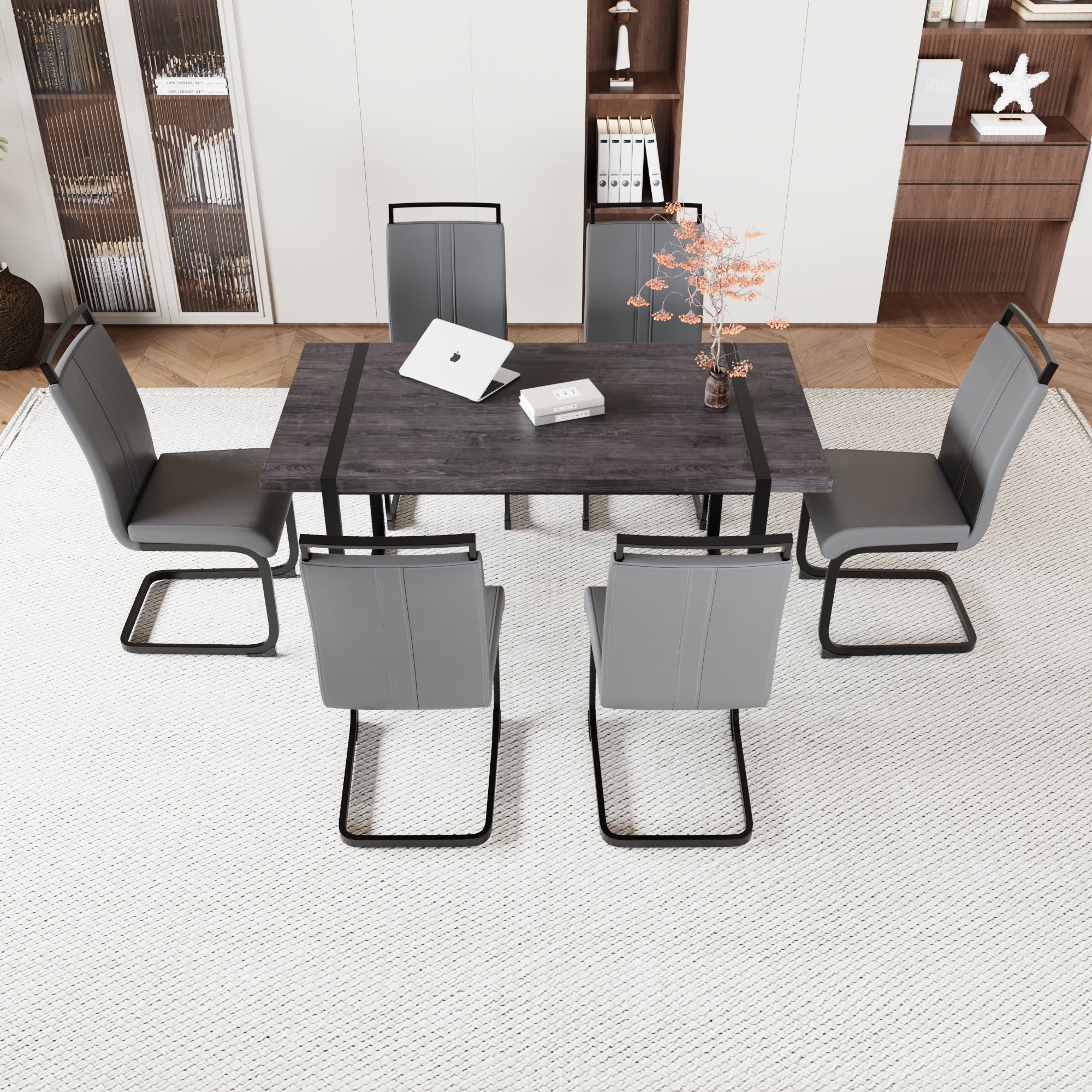59" Black Dining Table Set for 6, Industrial Kitchen Table