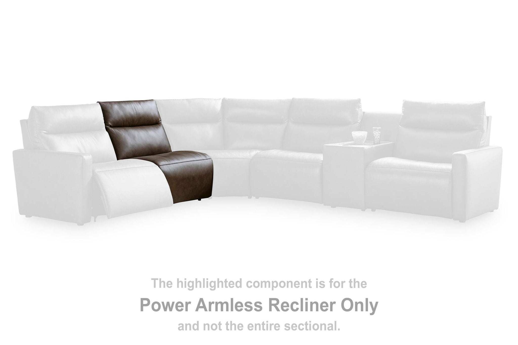 White sectional sofa with chocolate-brown armless power recliner section and headrest