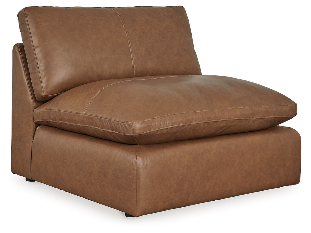 Caramel armless chair with padded backrest and wide seat, faux leather