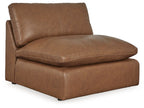 Caramel armless chair with padded backrest and wide seat, faux leather