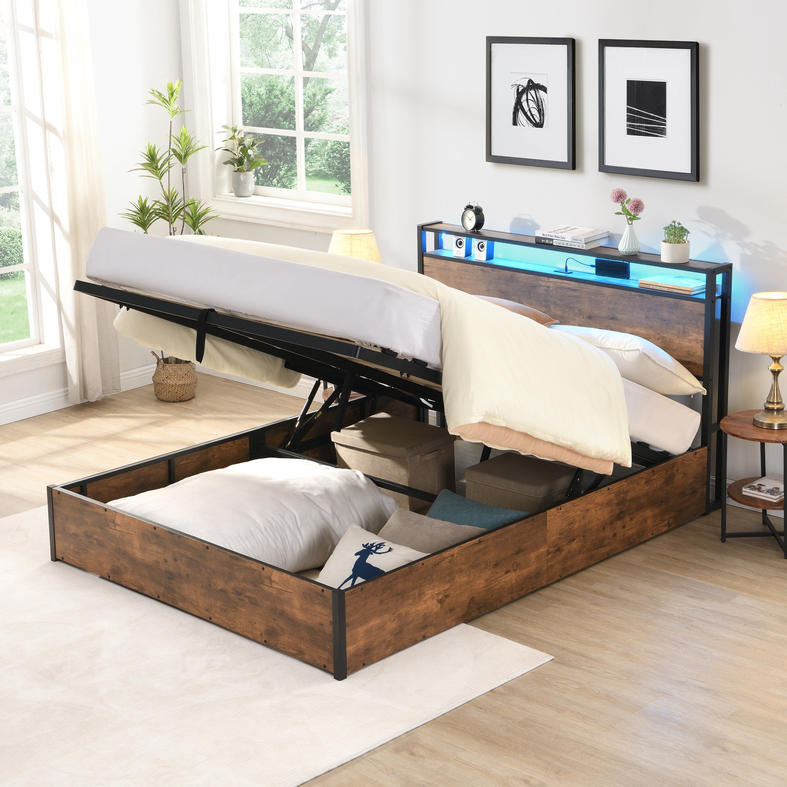 Full Size Lift-Up Storage Bed: Bookcase, LED, Charging, Rustic Brown