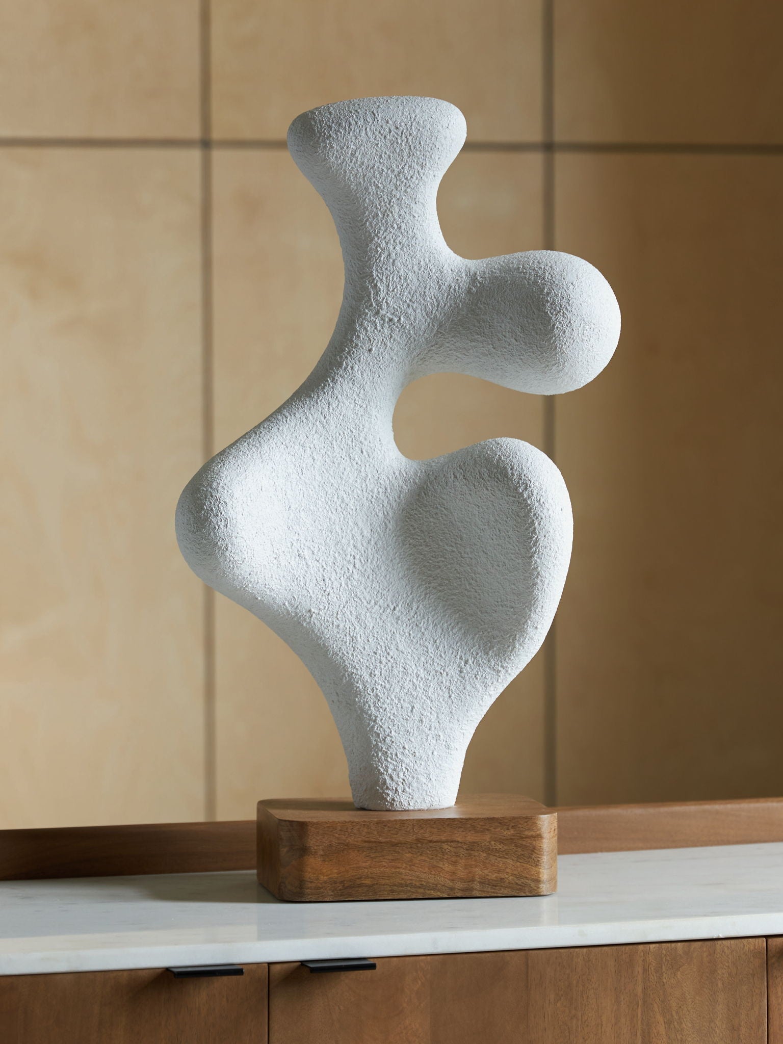 Lavarsen white abstract sculpture with knobby arms on wooden base