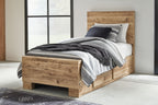 Beige storage bed with front drawer panels and a slatted headboard