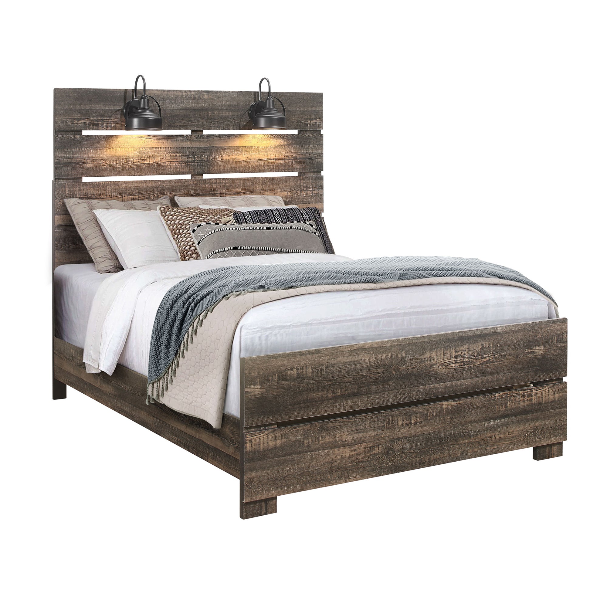 Monica Dark Oak Queen Bed: LED Headboard & Panel Style Design