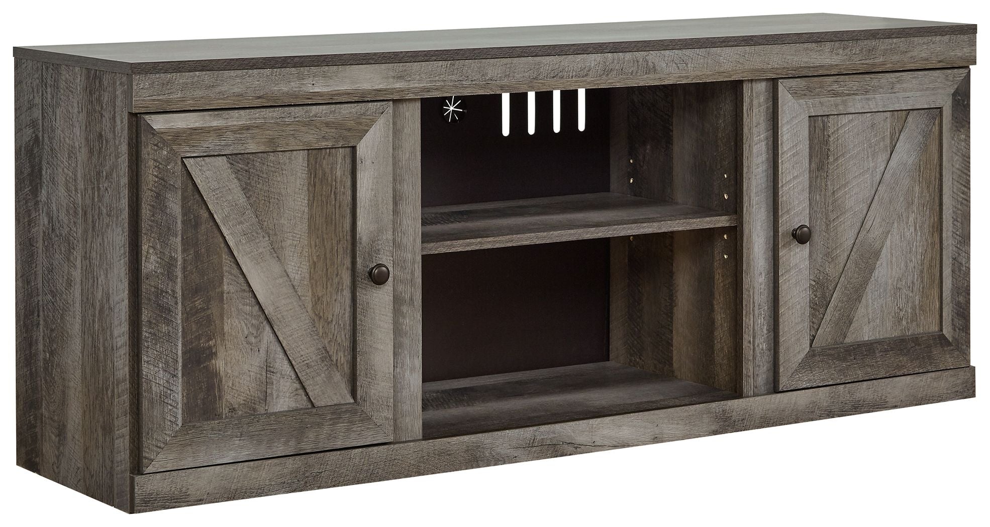 Gray TV stand with fireplace option, two cabinet doors and open center shelves