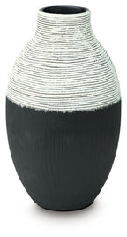 Black and white ceramic vase with ribbed stripe texture, wide base and narrow neck