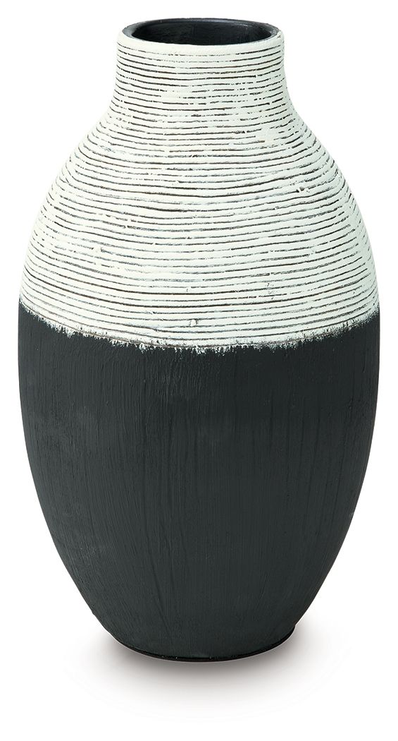 Black and white ceramic vase with ribbed stripe texture, wide base and narrow neck