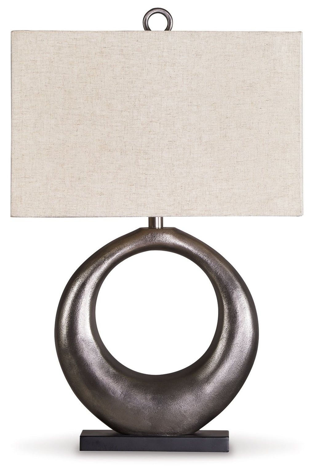 Antique silver metal table lamp with circular ring base and beige fabric shade