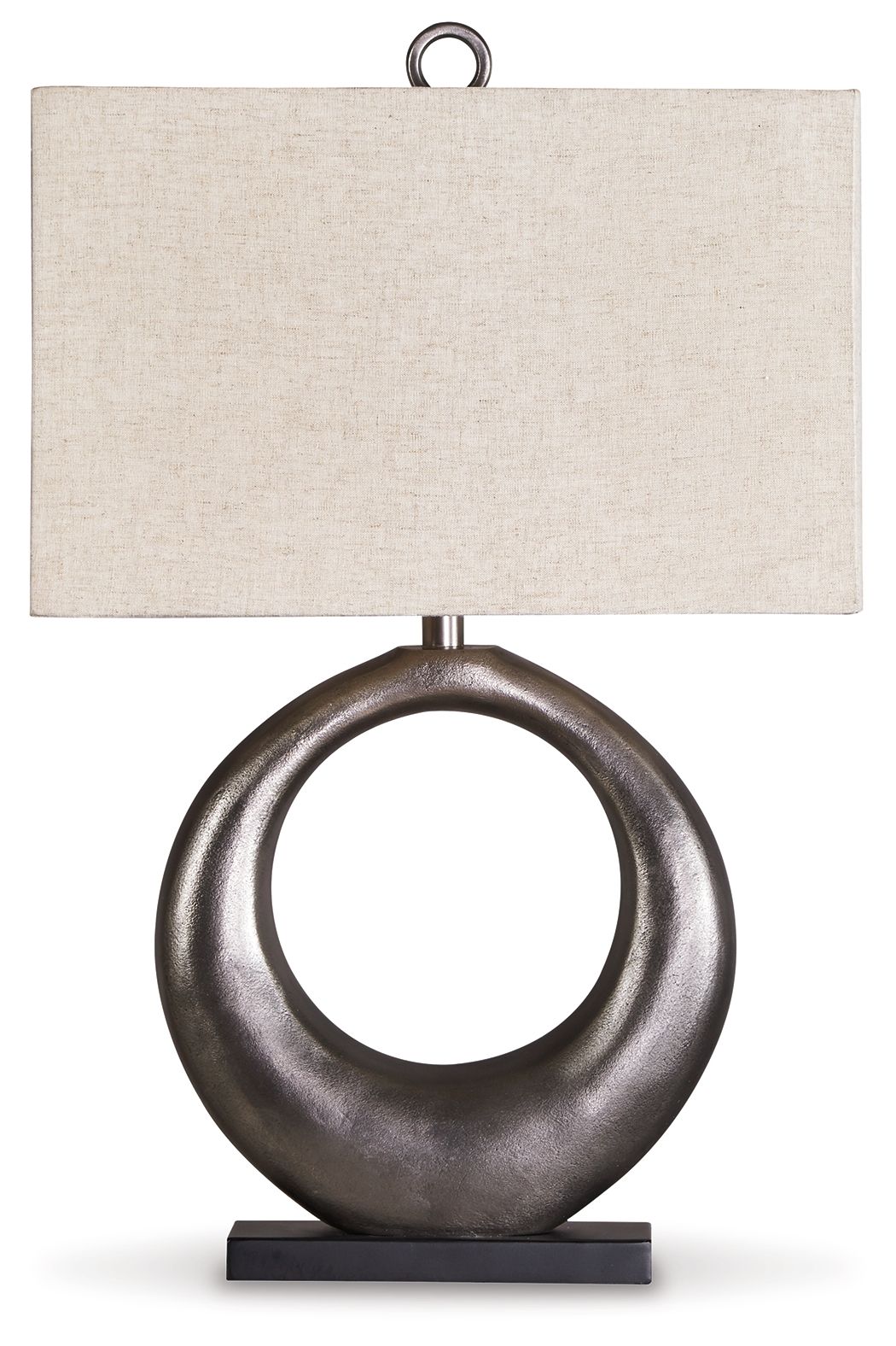 Antique silver metal table lamp with circular ring base and beige fabric shade