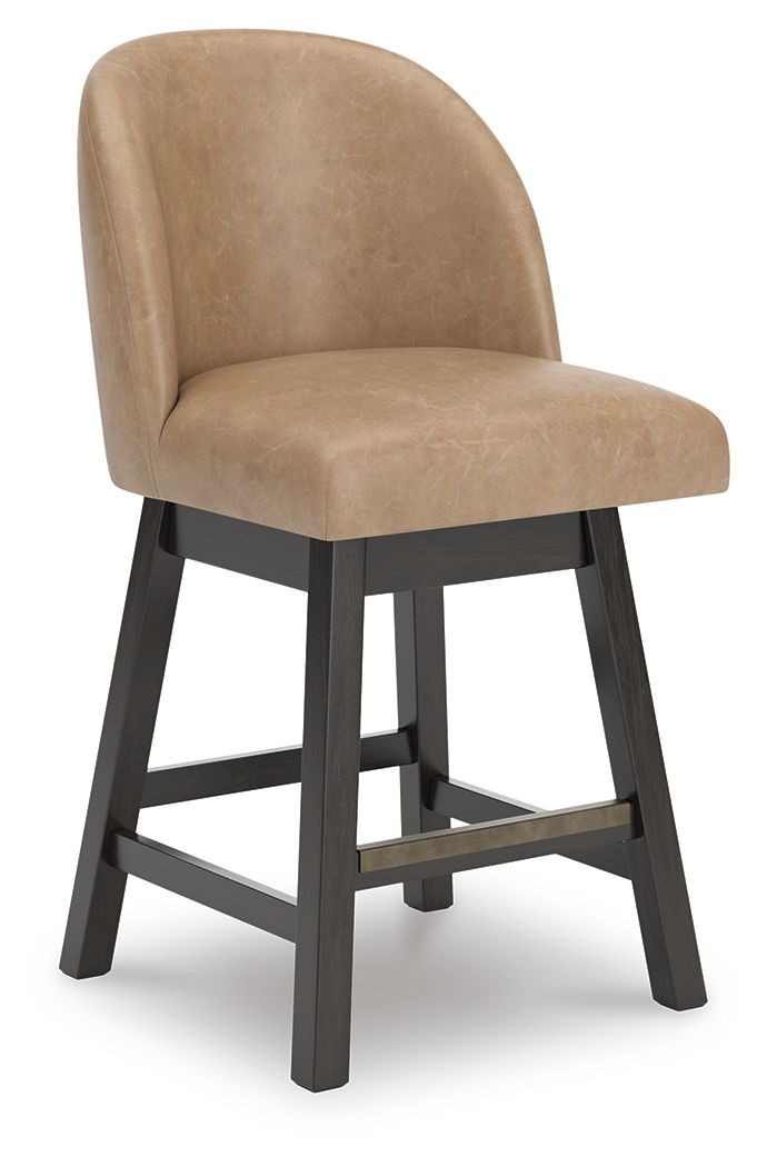 Upholstered barstool with tan faux leather seat, curved back, dark wooden legs