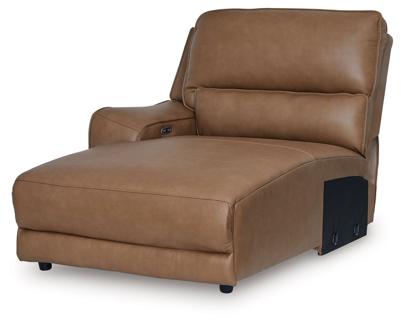 Caramel press-back power chaise with wide seat and padded armrests, dark legs