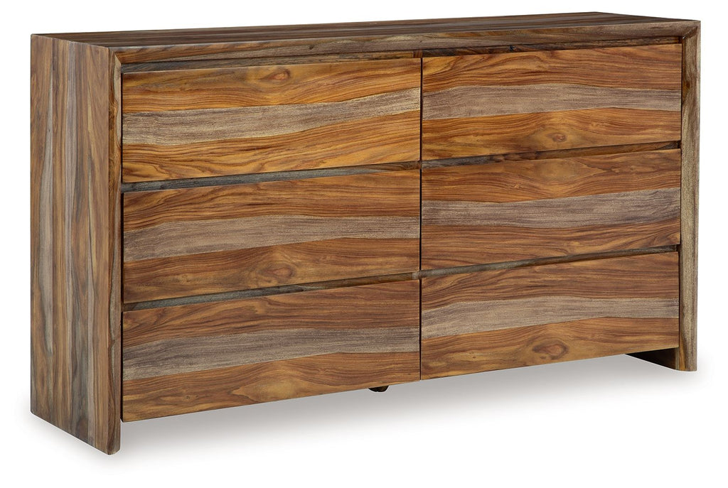 Brown wooden dresser with six drawer fronts and horizontal drawer layout