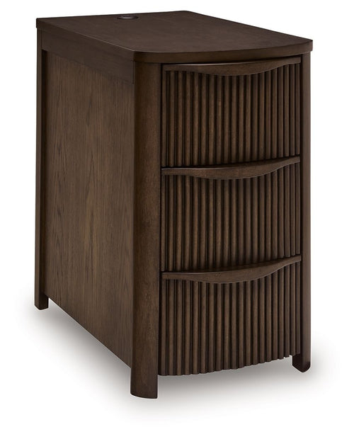 Dark brown chair side end table with vertical slat doors and three open drawer compartments