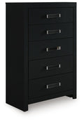Black five-drawer chest with silver bar handles and recessed drawer fronts.