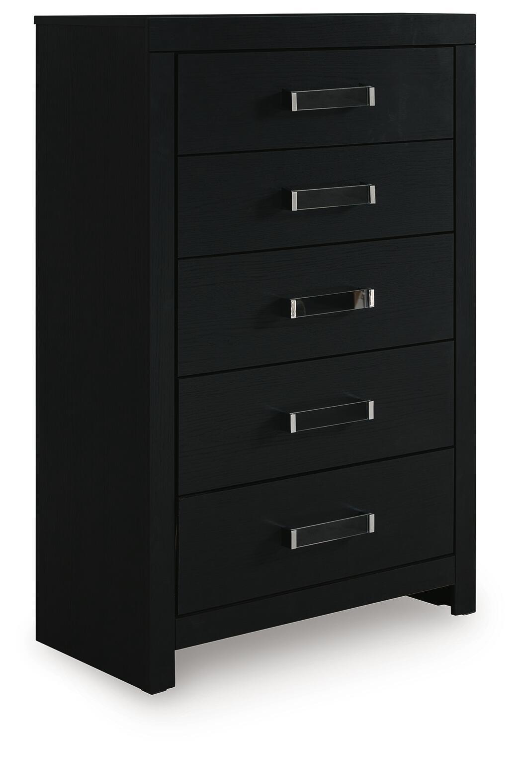 Black five-drawer chest angled view with five silver bar handles and legs