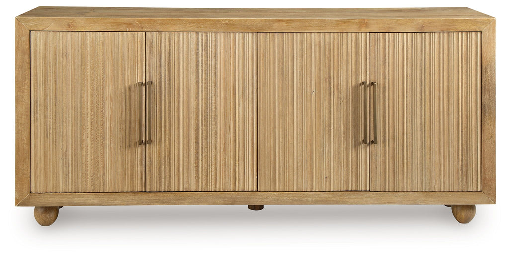 Light antique beige accent cabinet with two hinged doors and metal bar handles
