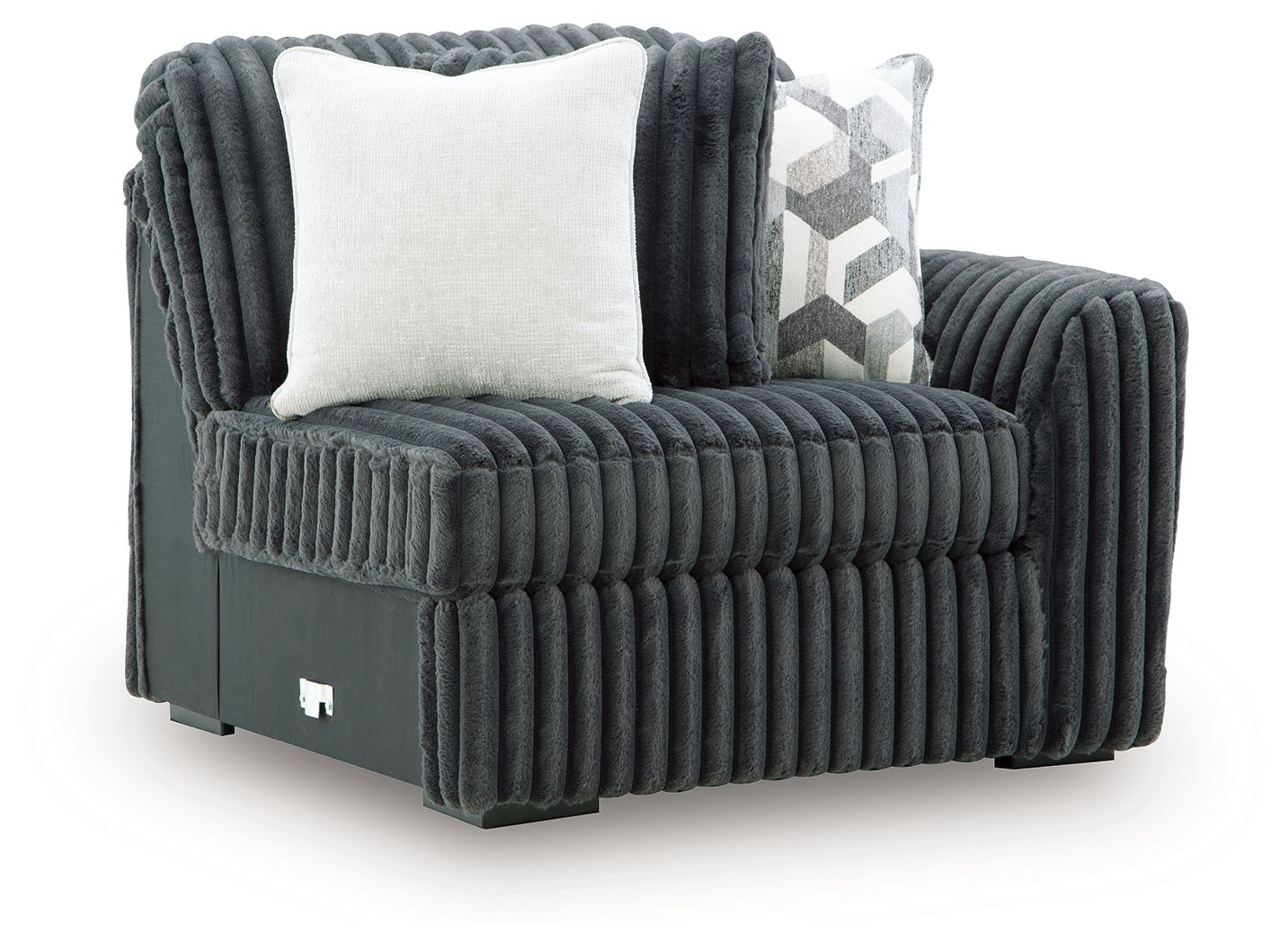 Gunmetal corduroy corner chair with white accent pillow and vertical channel quilting