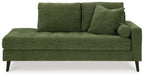 Green corner chaise sofa with two back cushions and rounded arm detailing