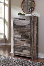 Derekson panel bedroom set tall dresser cabinet with gray wood-panel drawer fronts