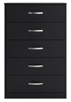 Black five-drawer chest with silver bar handles and smooth drawer fronts.