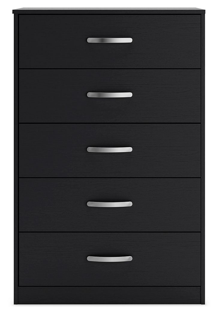Black five-drawer chest with silver bar handles and smooth drawer fronts.