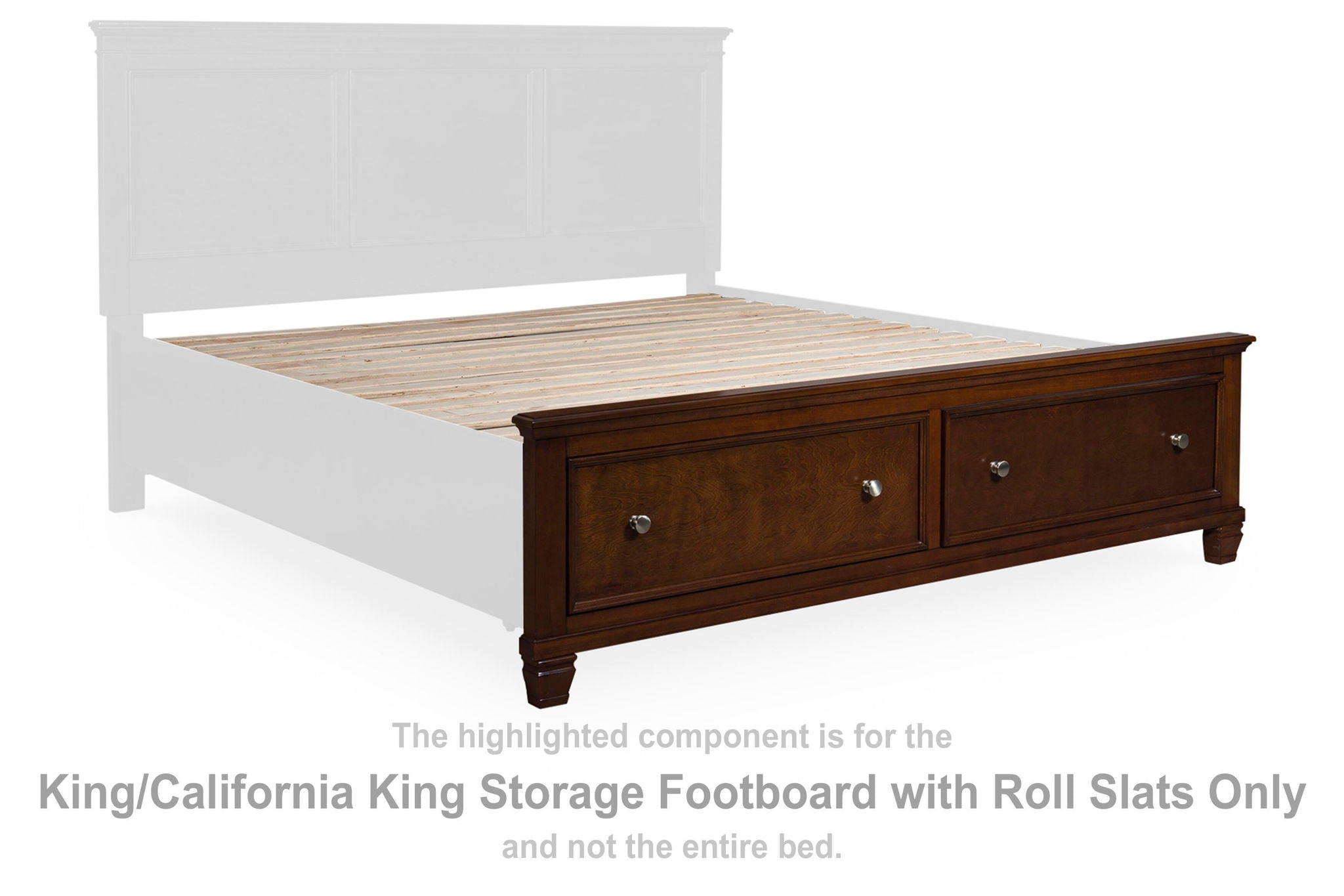 Brown storage footboard with roll slats and two drawers