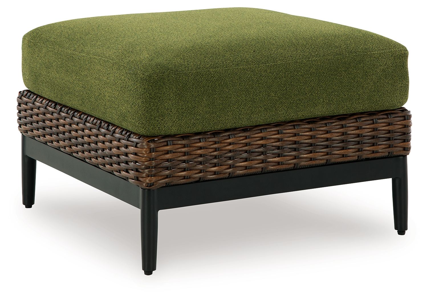 Brown wicker ottoman with green upholstered cushion