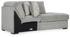 Cement gray corner chaise sofa angled view with two back cushions and black side