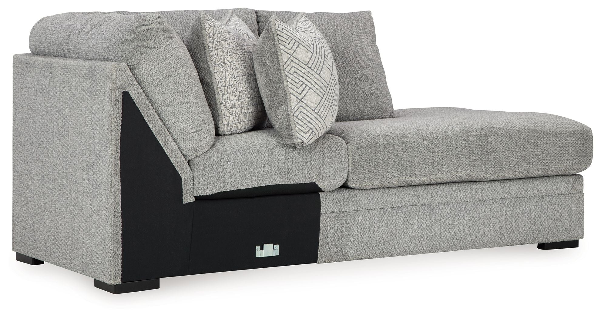 Cement gray corner chaise sofa angled view with two back cushions and black side