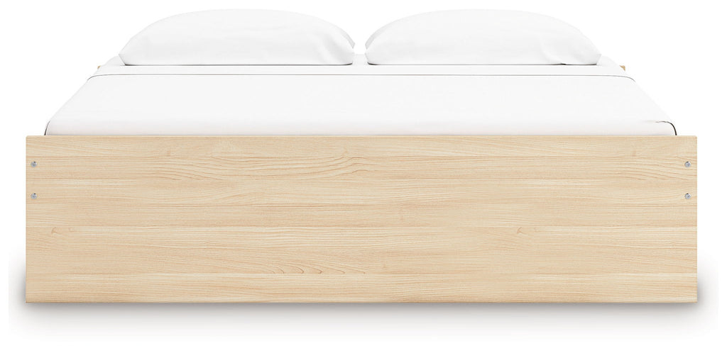 Light wood platform bed frame with slatted base and rounded headboard