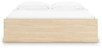 Light wood platform bed frame with slatted base and rounded headboard