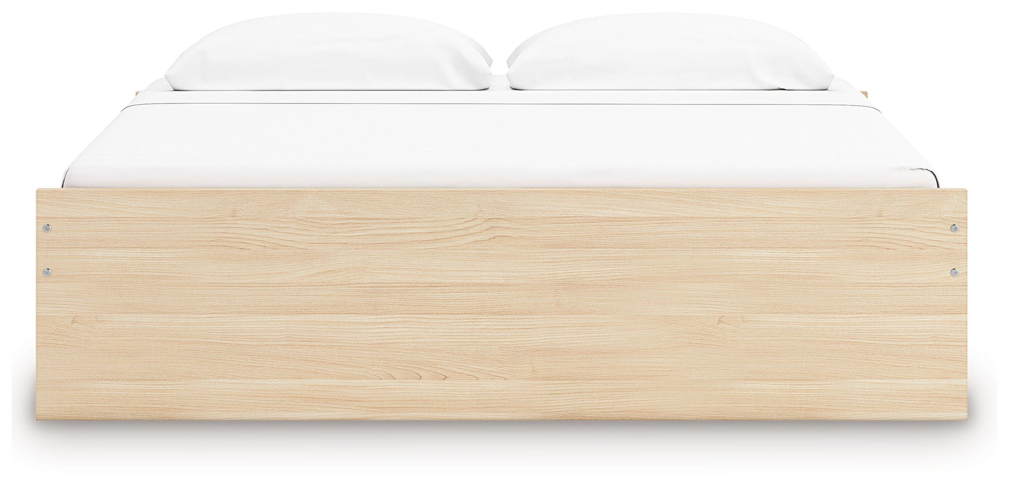 Light wood platform bed frame with slatted base and rounded headboard